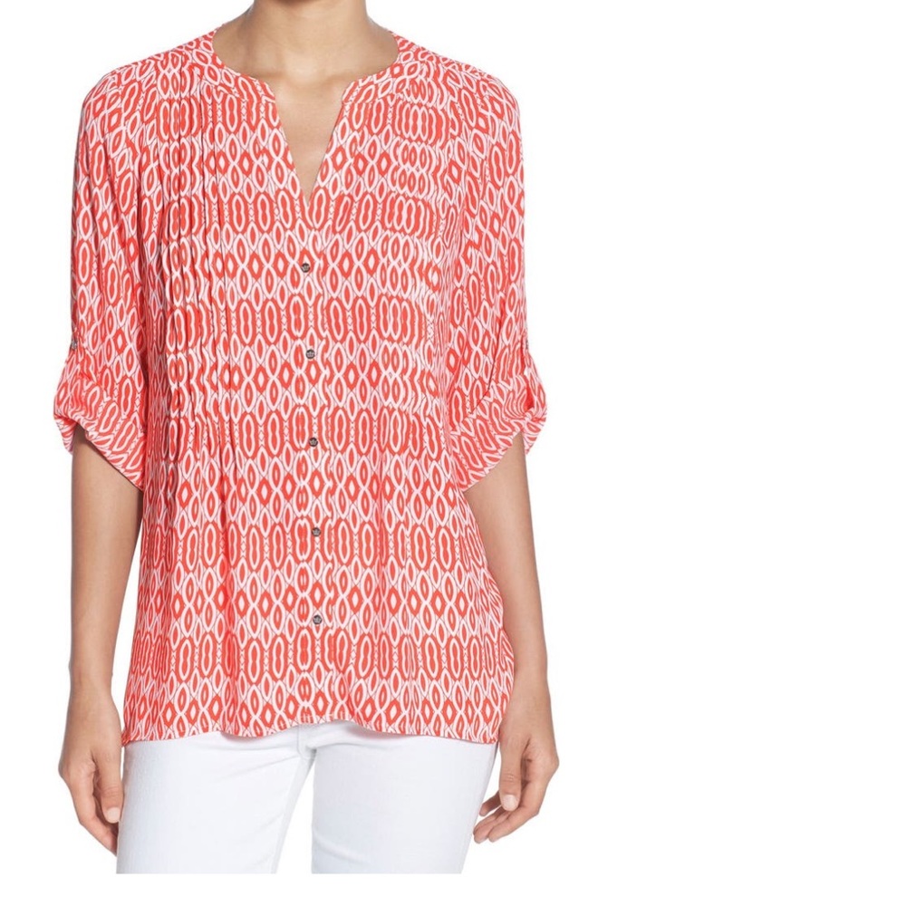 Chaus pintucked rolled sleeve blouse in rosy coral size large